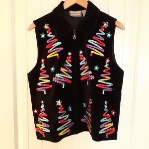 New Direction Velvet Holiday Christmas Tree Full Zip Vest Black Size L